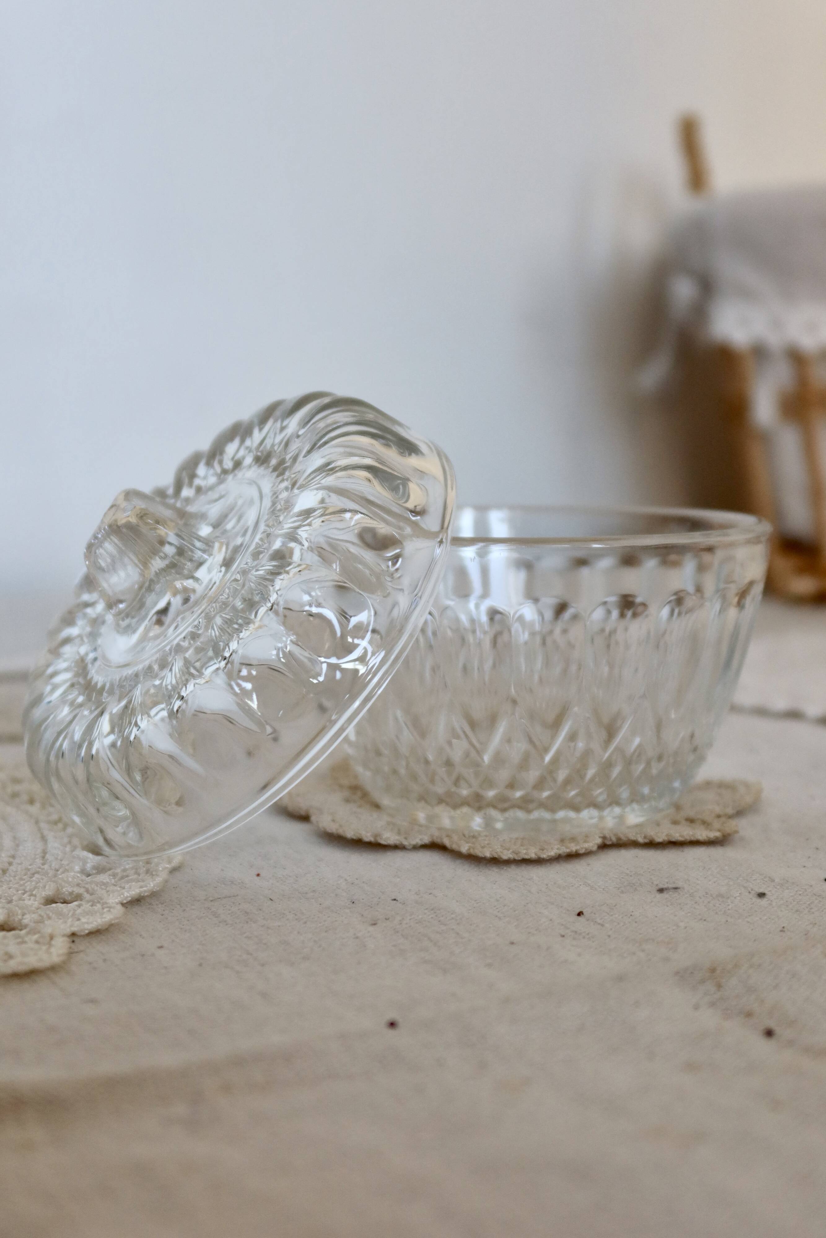 Small vintage molded glass candy or sugar bowl with hat