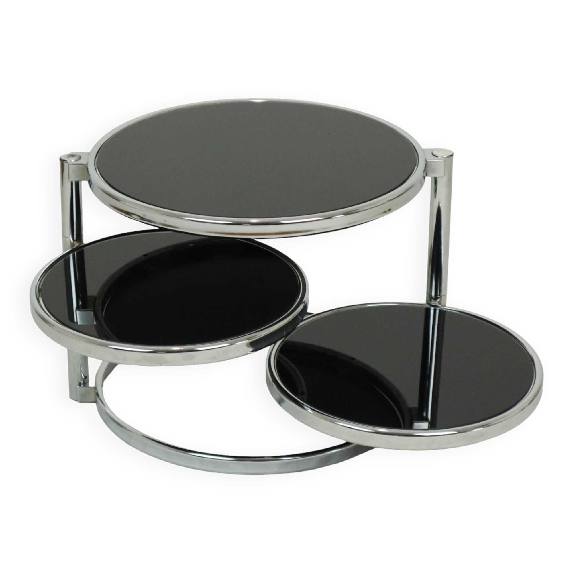 Round rotatable coffee table design black glass chrome 3 plateaus 1980s
