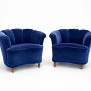 Swedish modern lounge chairs, clam shaped, 1940s Scandinavian design