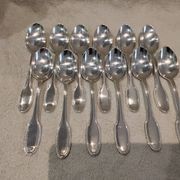 12 silver plated dessert spoons, goldsmith Alfenide, St LXVI pearls