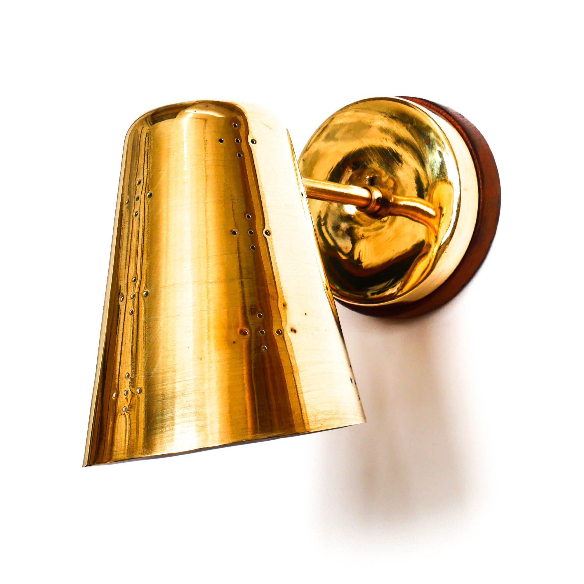 Old conical brass wall lamp, perforated lampshade