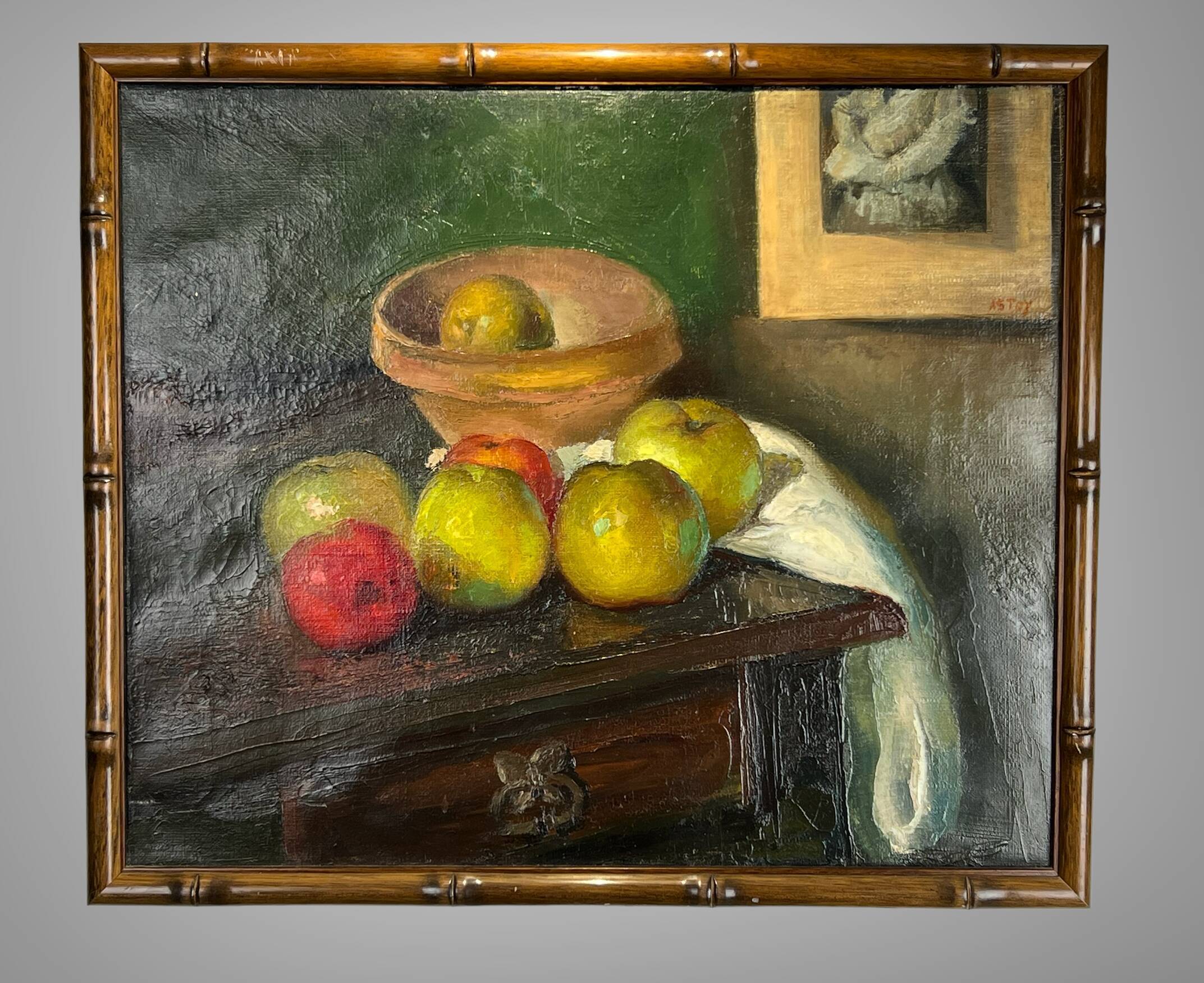 Painting, oil on canvas, still life with apples with bamboo frame