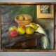 Painting, oil on canvas, still life with apples with bamboo frame