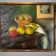 Painting, oil on canvas, still life with apples with bamboo frame