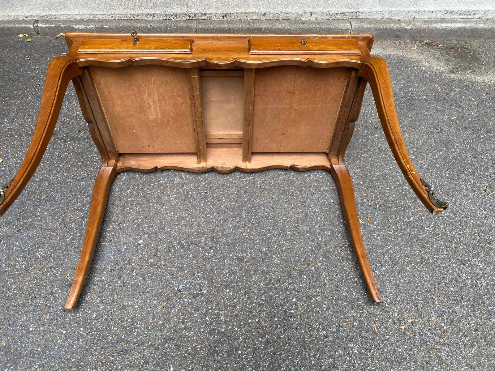 Louis XV style flat desk in solid cherry wood with pull-out extensions and leather top 19