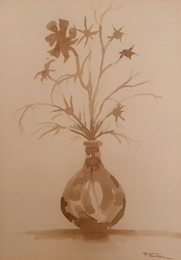 Lot de 3 tableaux nature morte vases fleurs séchées style Wabi Sabi
