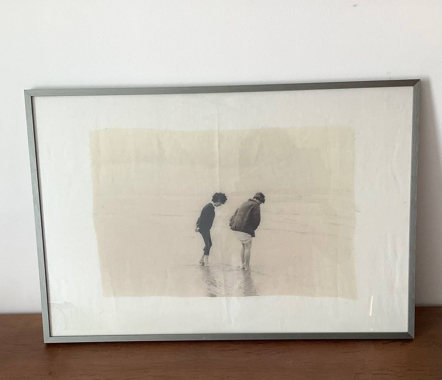 Black and white photo on fabric, framed