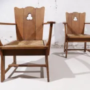 Pair of brutalist oak throne chairs with rush seats – Netherlands, 1930s
