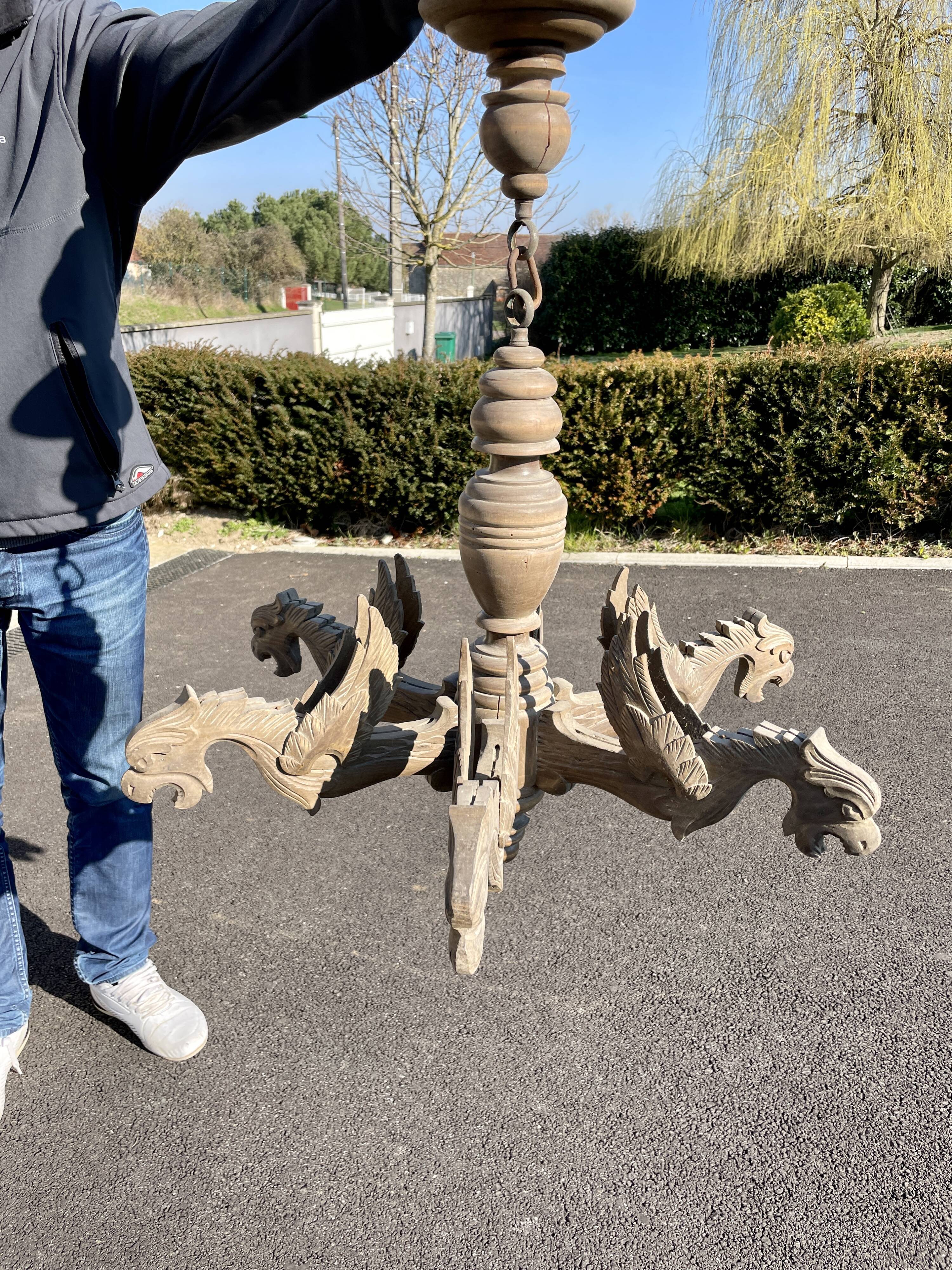 Old wooden chandelier Henri II 6 Gothic dragons