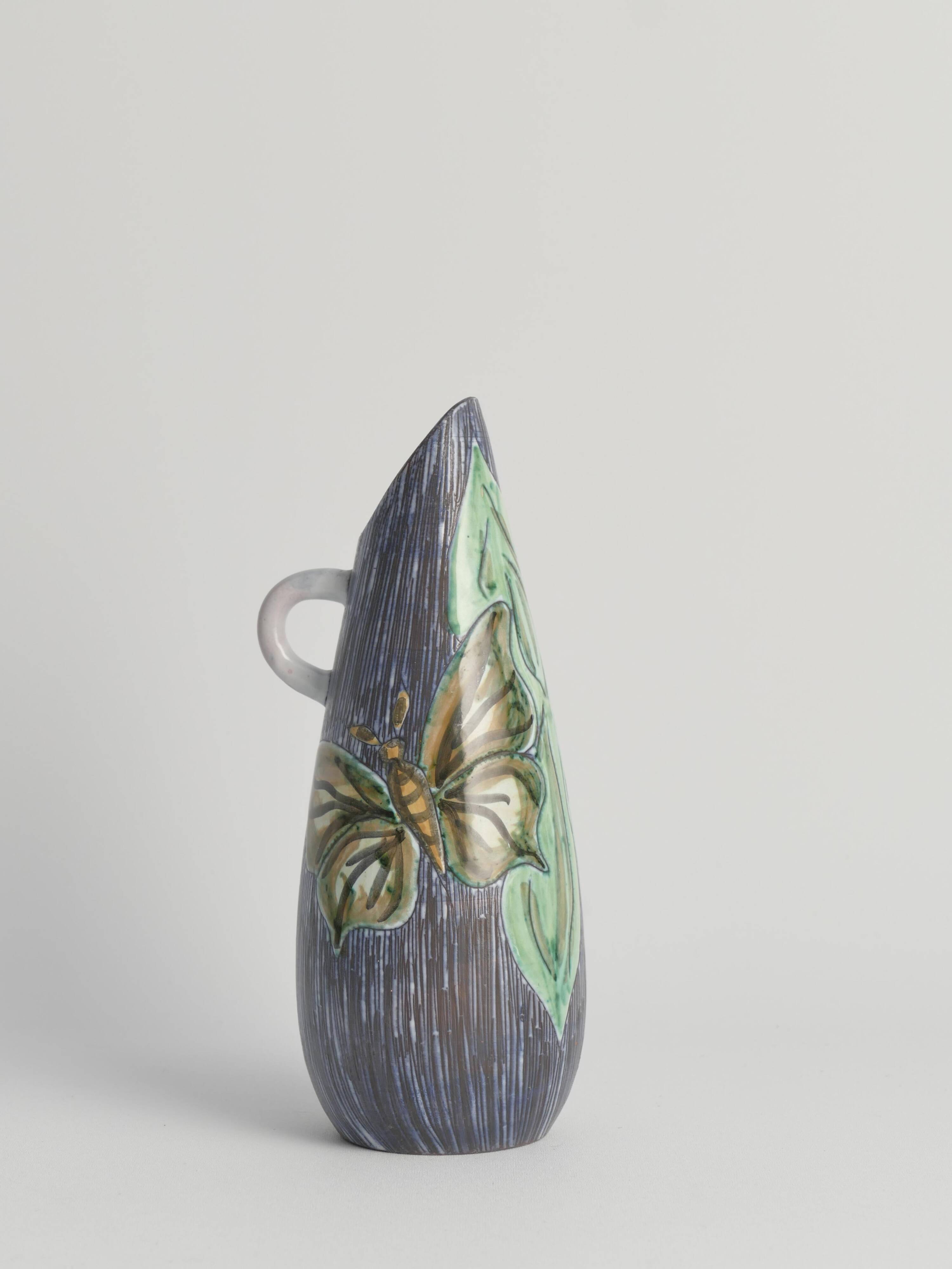 Mid-Century Modern Stoneware Vase with Sgraffito and Butterflies. Sweden, 1950s