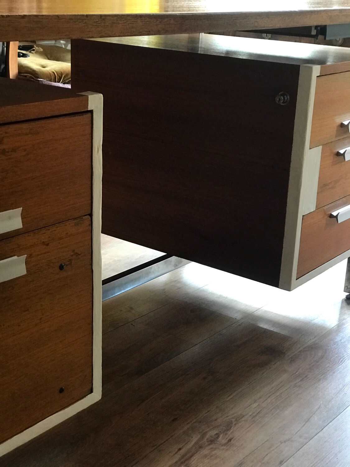 Vintage teak and stainless steel desk with two pedestals