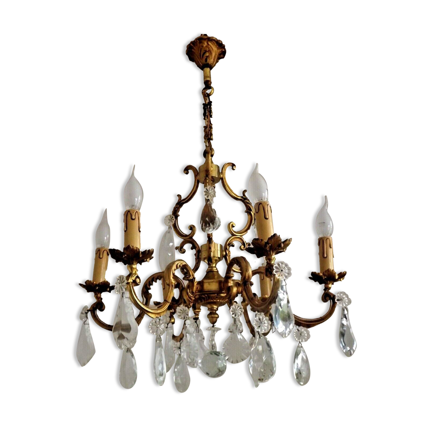 Lovely Quality Brass 6 Light Scrolled Acanthus Leaf Crystal Cage Chandelier 3626