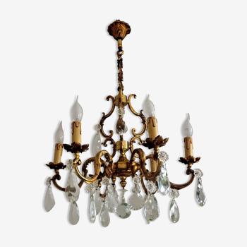 Lovely Quality Brass 6 Light Scrolled Acanthus Leaf Crystal Cage Chandelier 3626