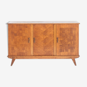 Vintage oak sideboard with marquetry on the façade, France 1960