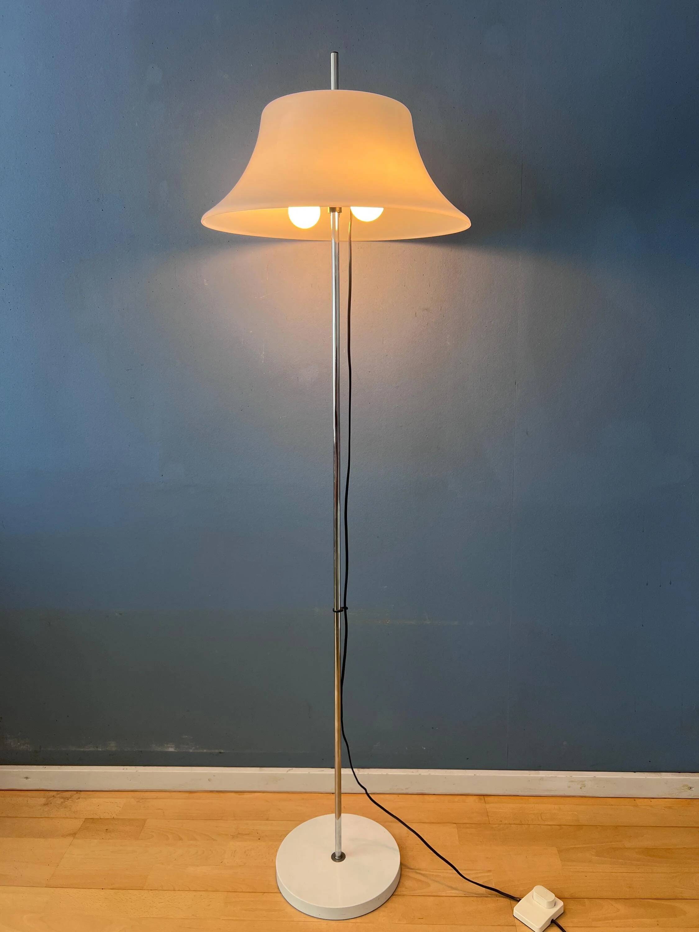 Vintage Space Age floor lamp with white plexiglass UFO shade.
