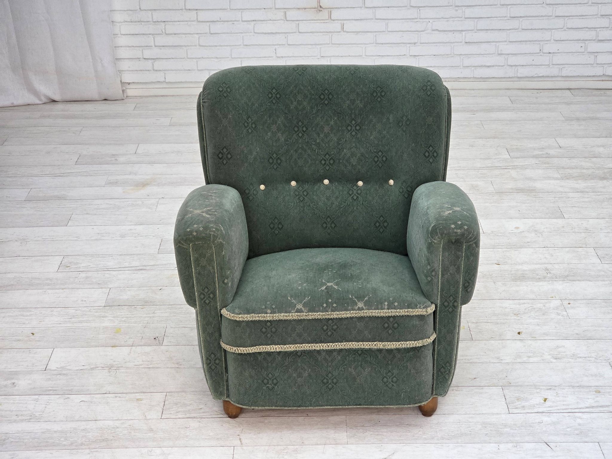 1960s, Danish armchair, light green furniture wool, oak wood legs.