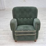 1960s, Danish armchair, light green furniture wool, oak wood legs.