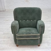 1960s, Danish armchair, light green furniture wool, oak wood legs.