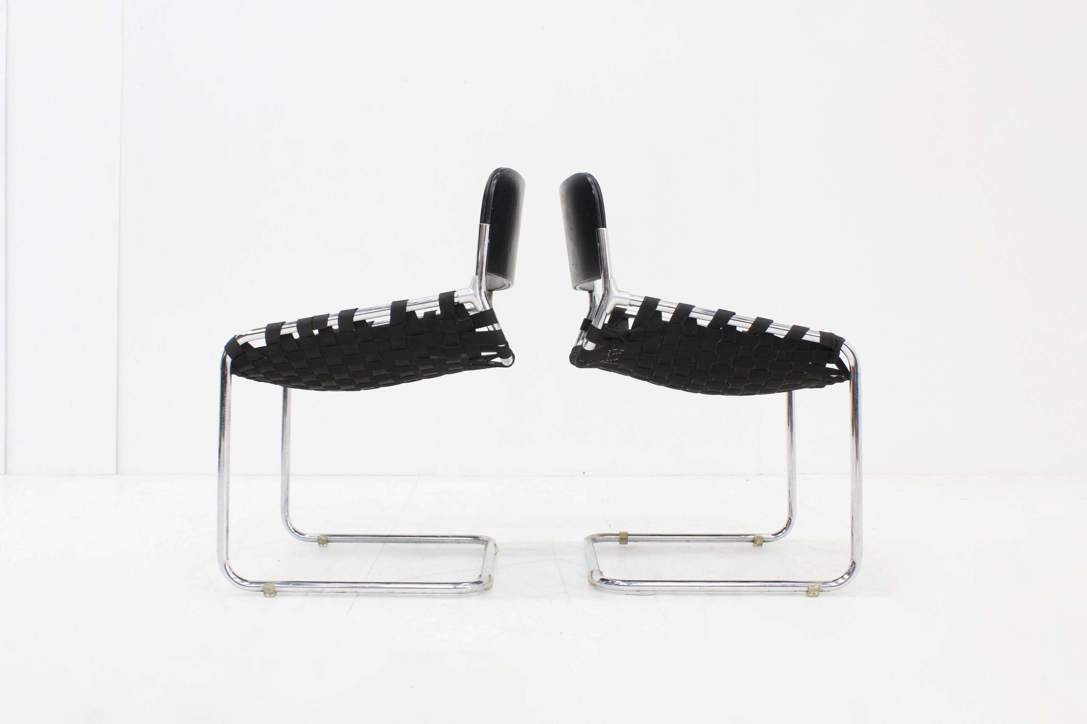Set Vintage italian chairs black leather and chrome 1970s