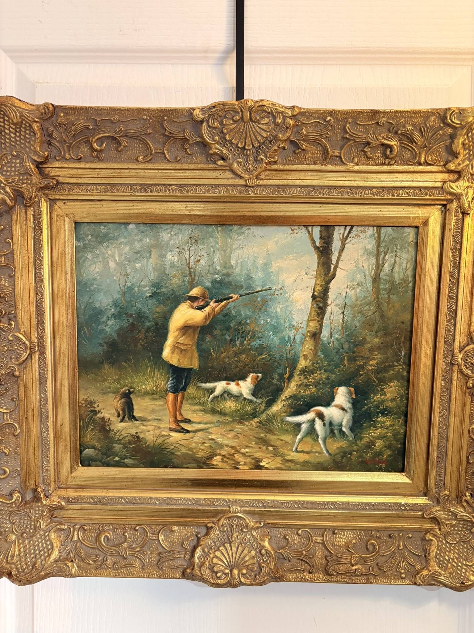 Tableau Peinture Huile Panneau HSP EDWARD WEBB Chasse Cour Chien Forêt