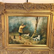 Tableau Peinture Huile Panneau HSP EDWARD WEBB Chasse Cour Chien Forêt
