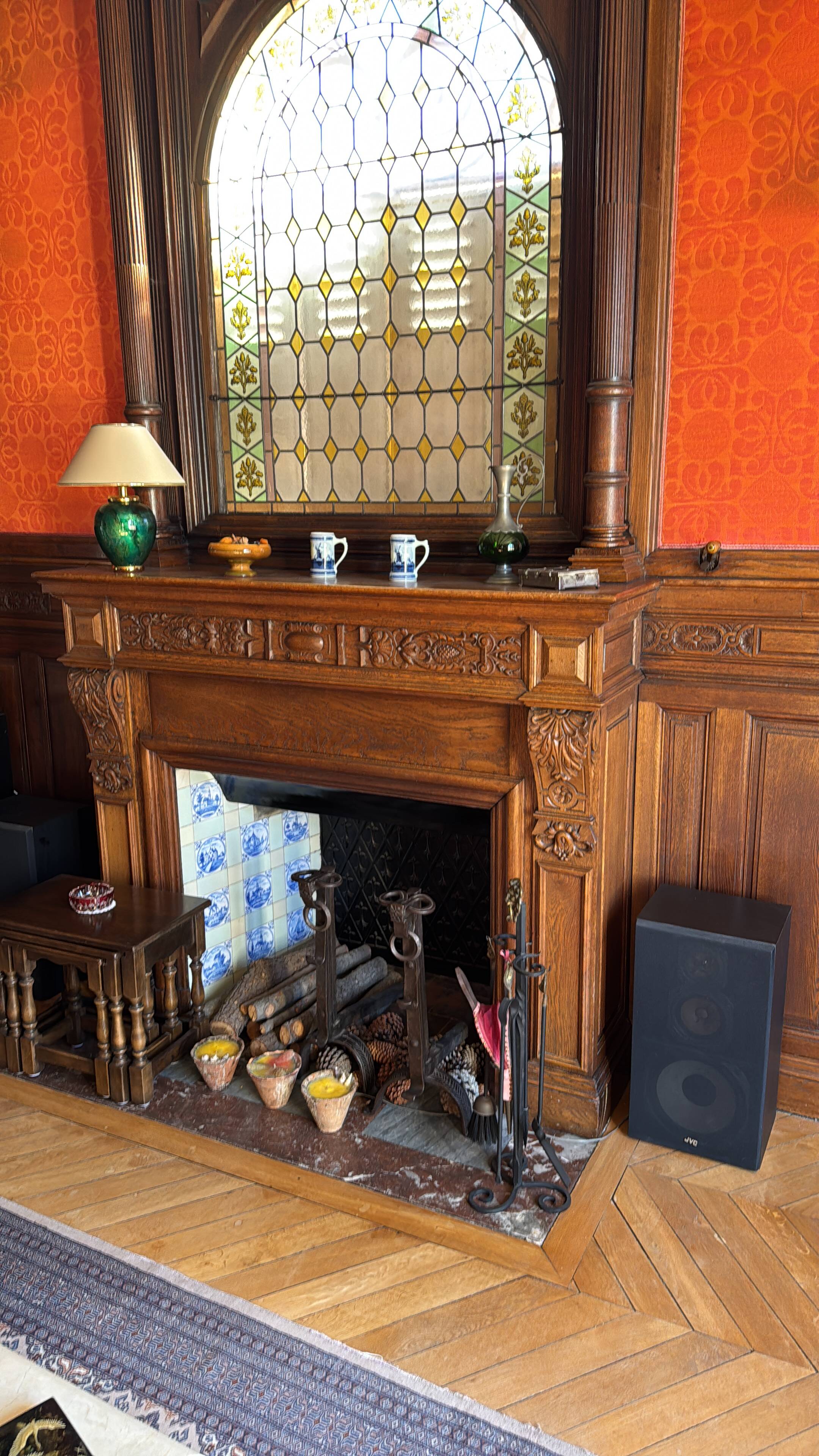 Antique carved wooden fireplace + overmantel – Napoléon III style