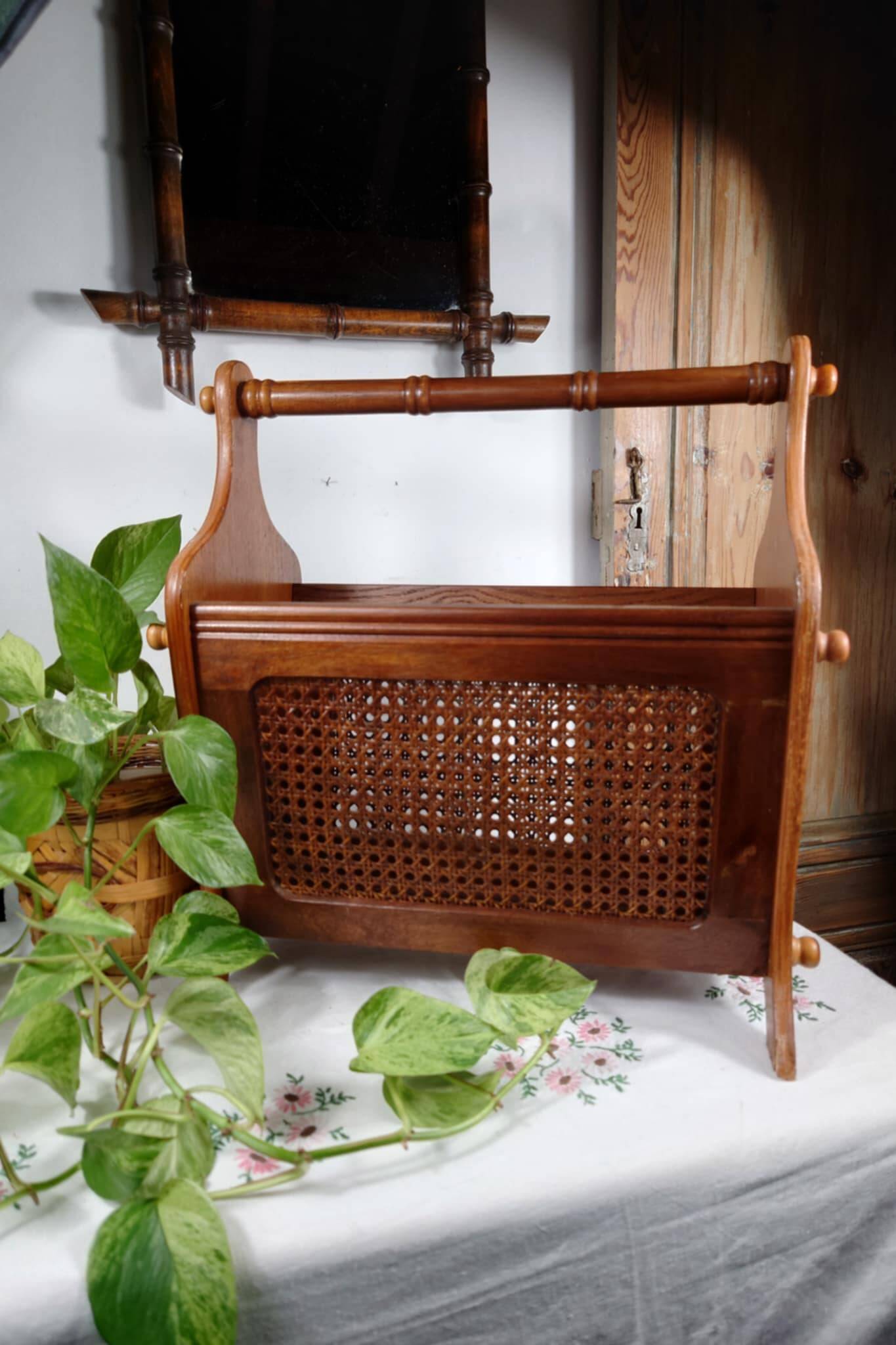 Antique wooden and cane magazine rack