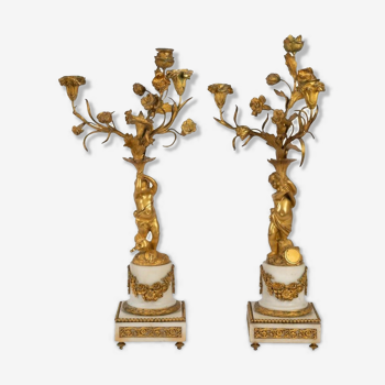 Pair of candelabras in gilded bronze and marble