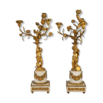 Pair of candelabras in gilded bronze and marble