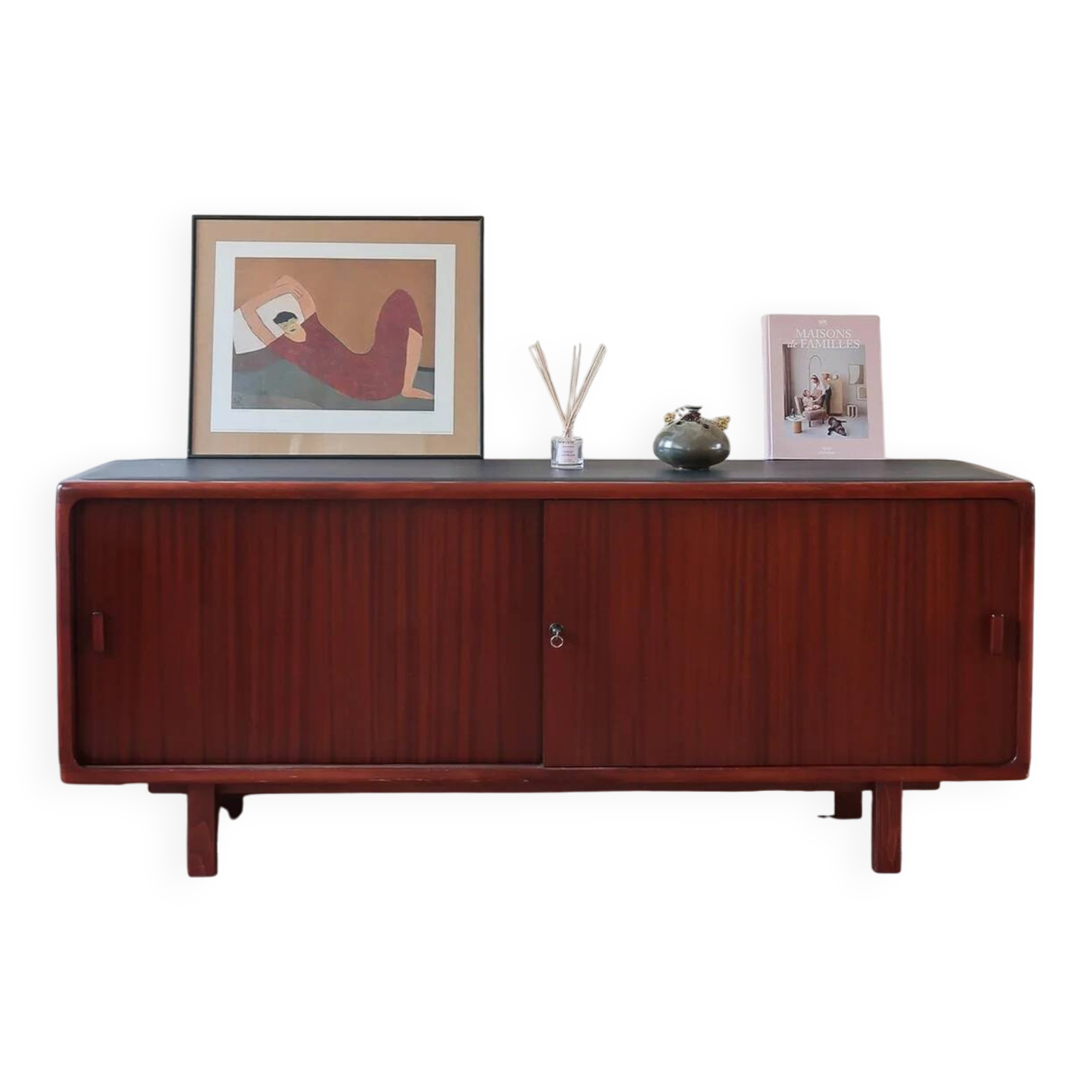 Teak enfilade, sliding doors, black faux leather top, 1970s.