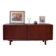 Teak enfilade, sliding doors, black faux leather top, 1970s.