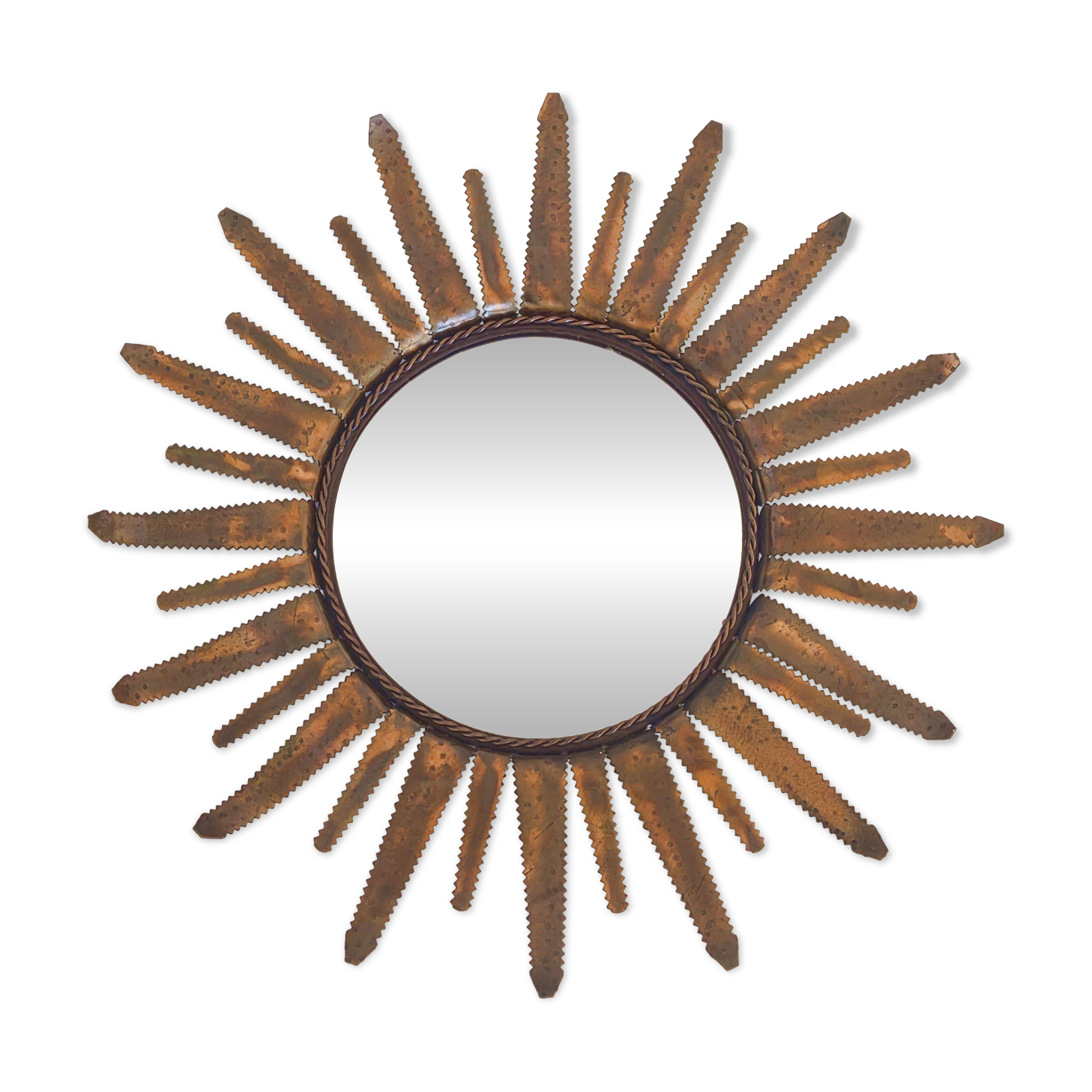 Sunburst mirror vintage 1960 in golden copper metal 50s brutalist 1960s