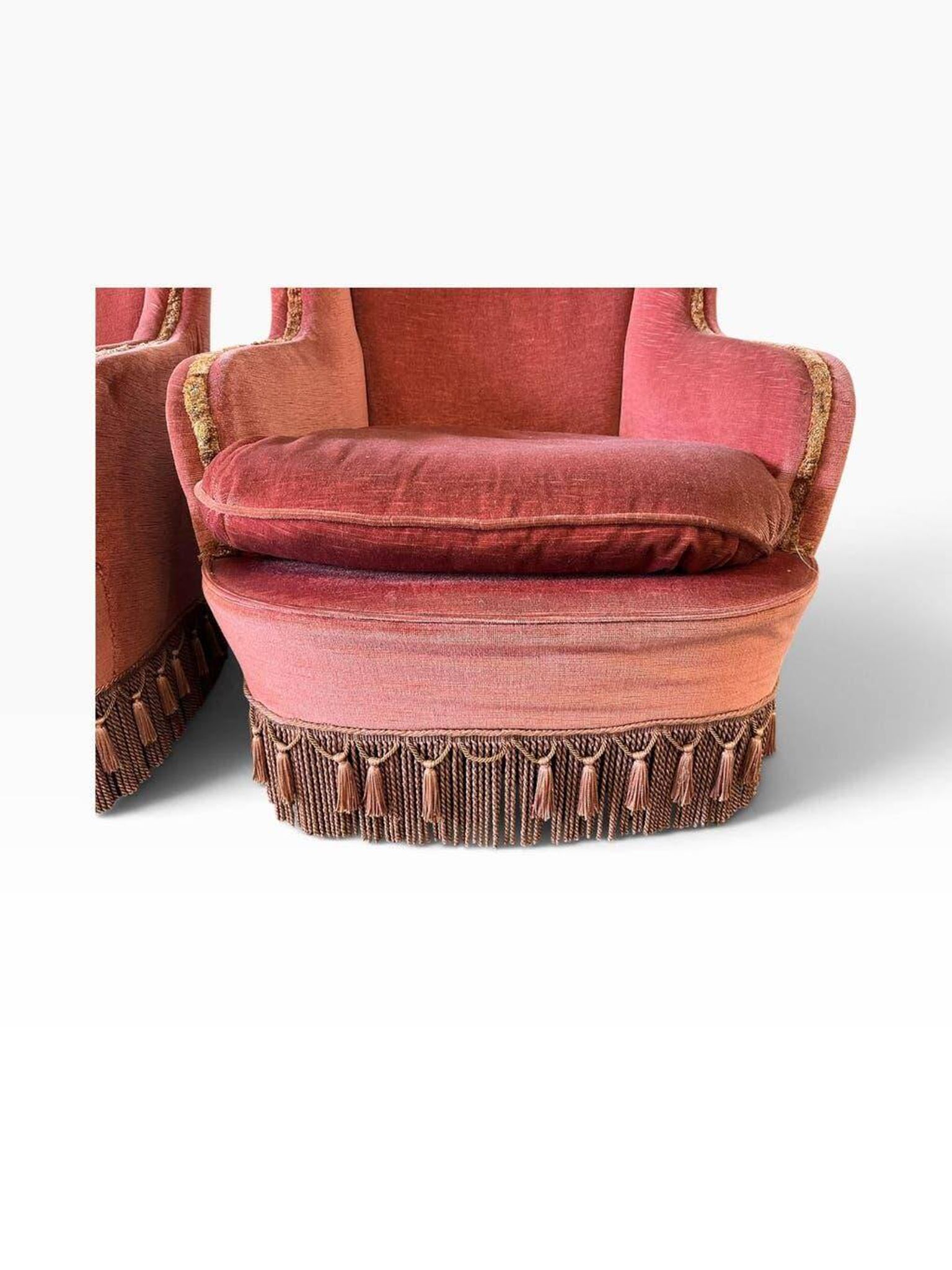 Ensemble de 2 fauteuils/sièges vintage rose poudré à franges