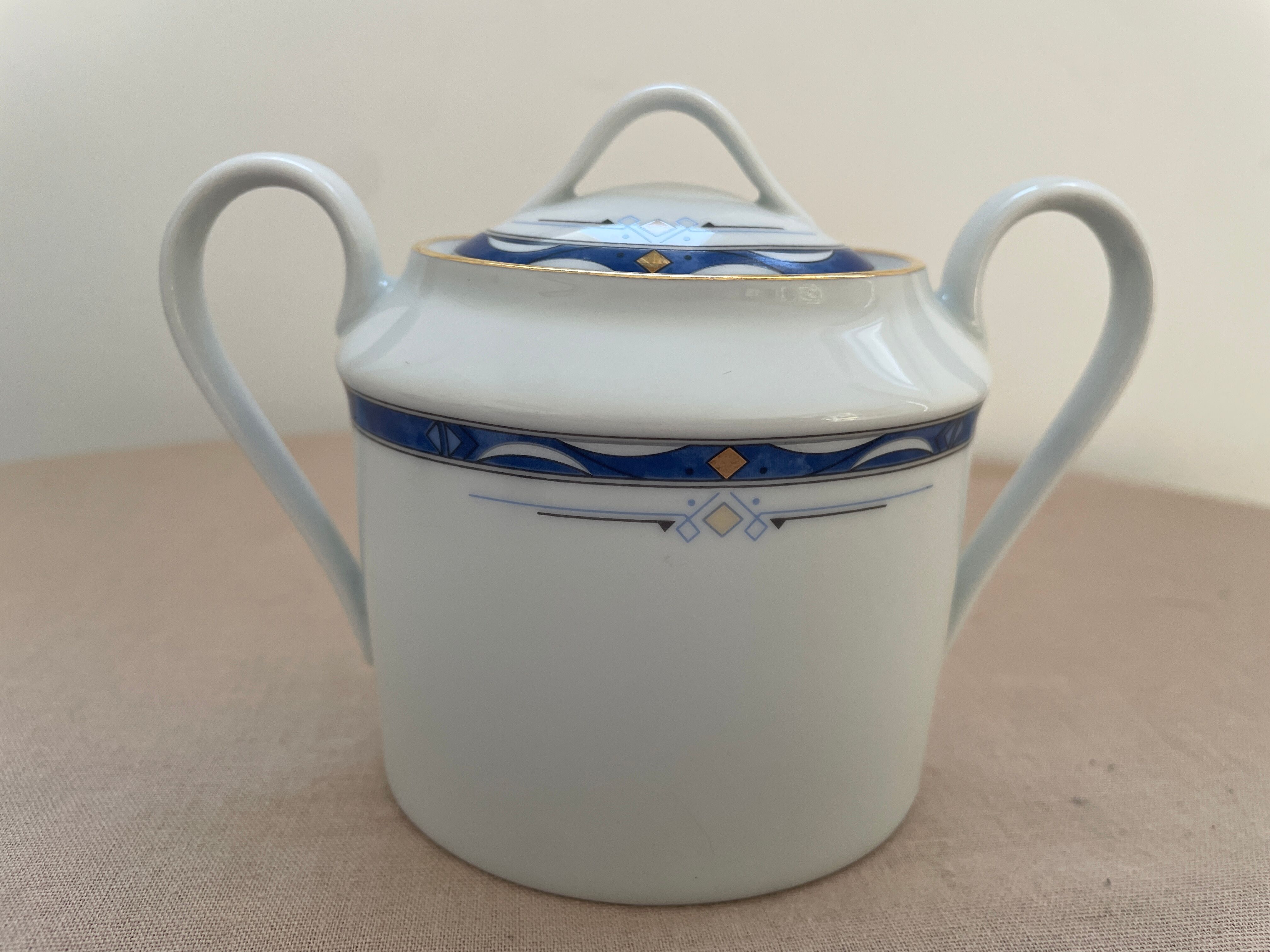 Vintage sugar bowl in cobalt blue and gold Limoges porcelain.