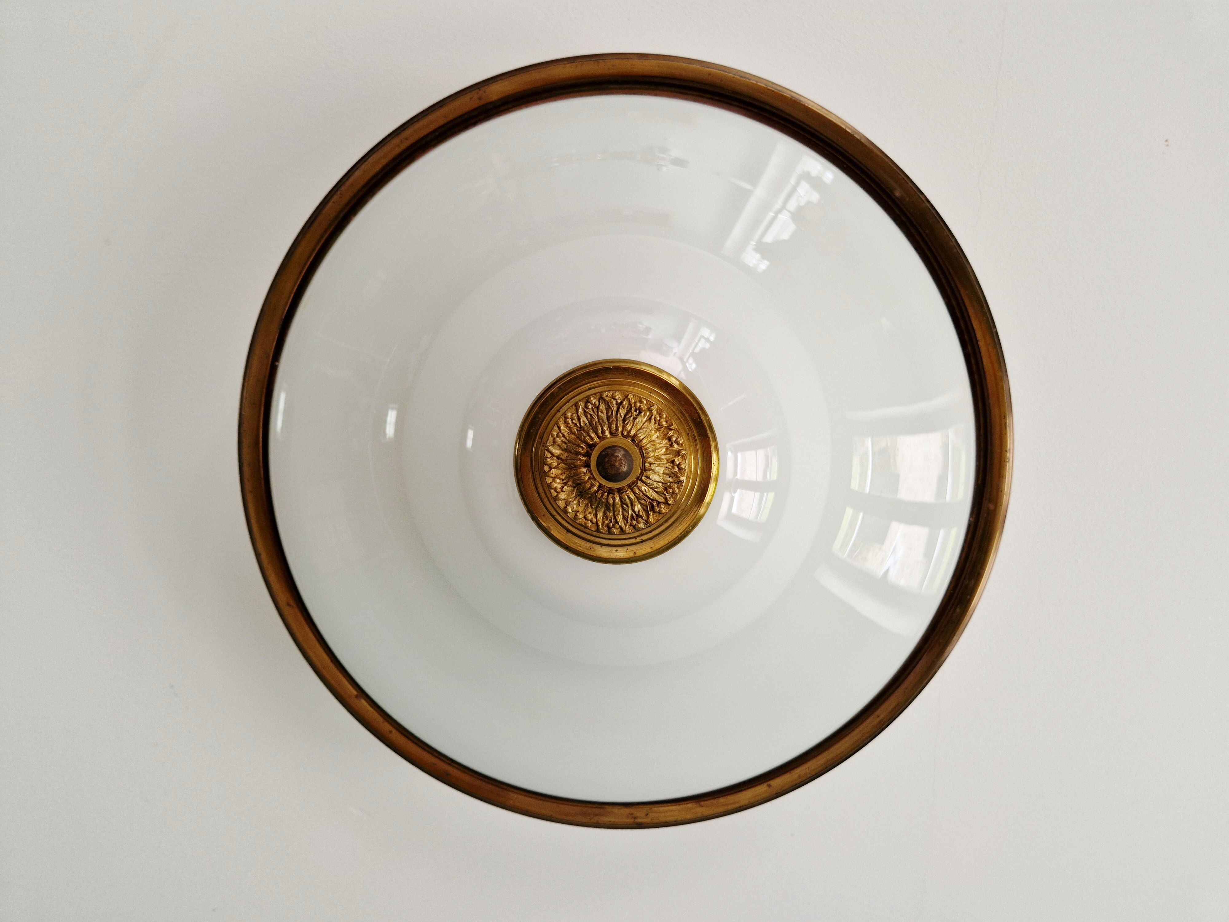 Mid-century ceiling light in brass and white opaline, 1950s