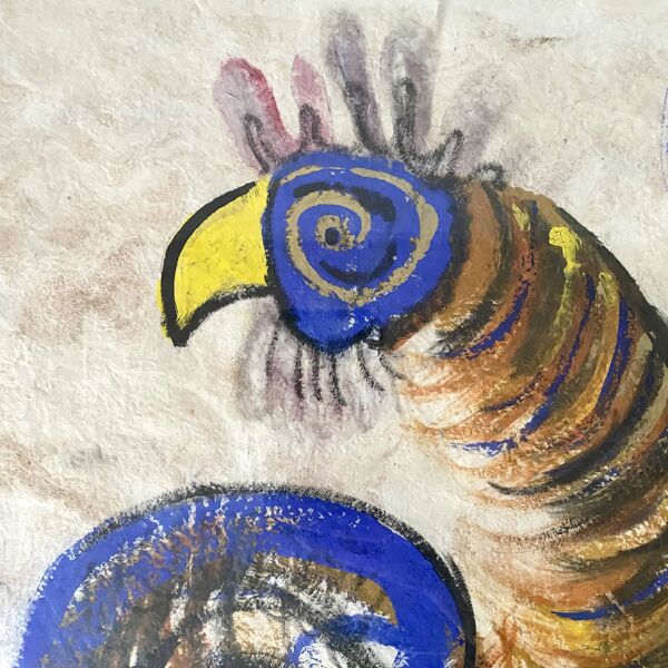 Peinture coq gouache sur papier , école moderne