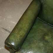 Victorian leather canapé, shield armrests, stamped Maple & Co.