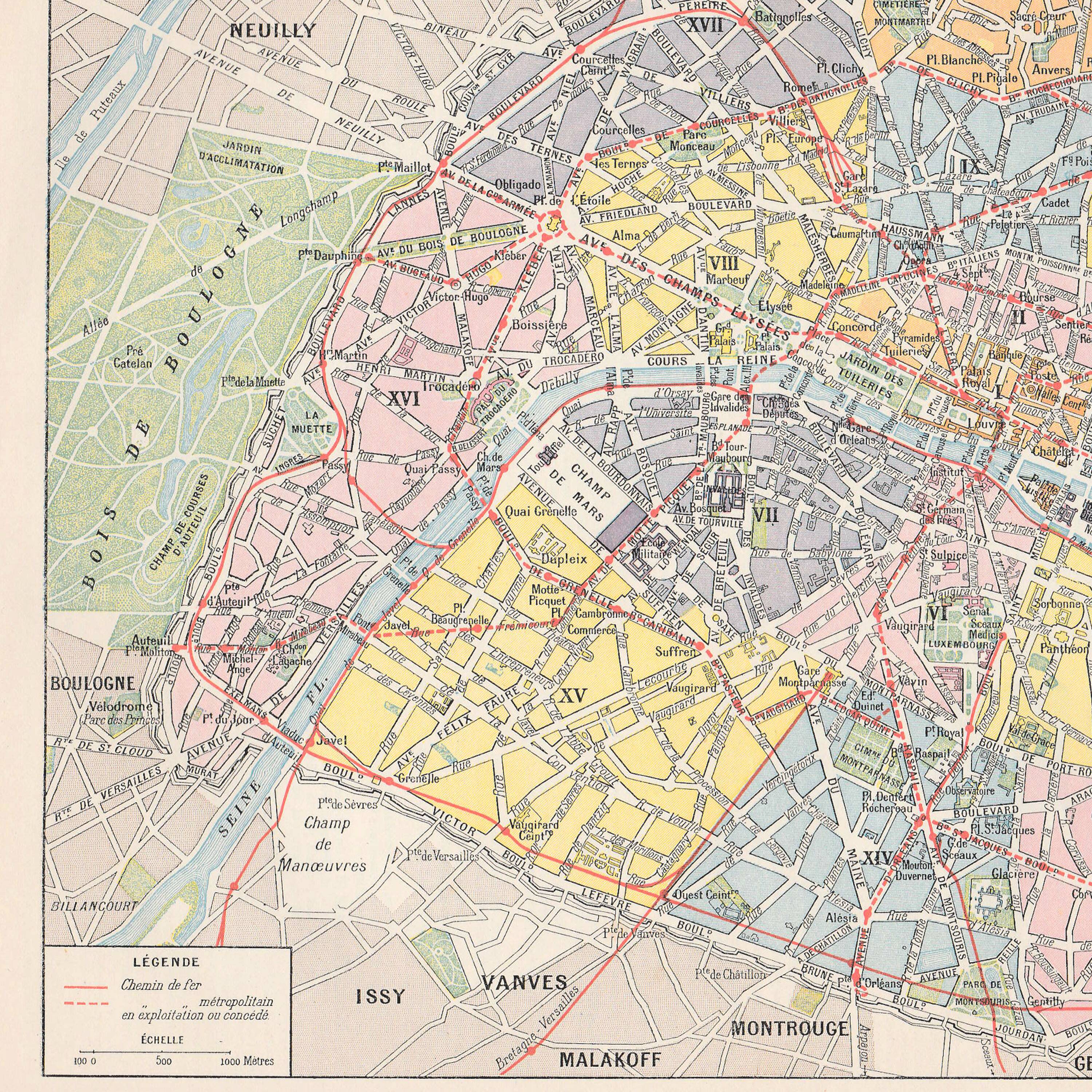 Old map of Paris, late 19th century