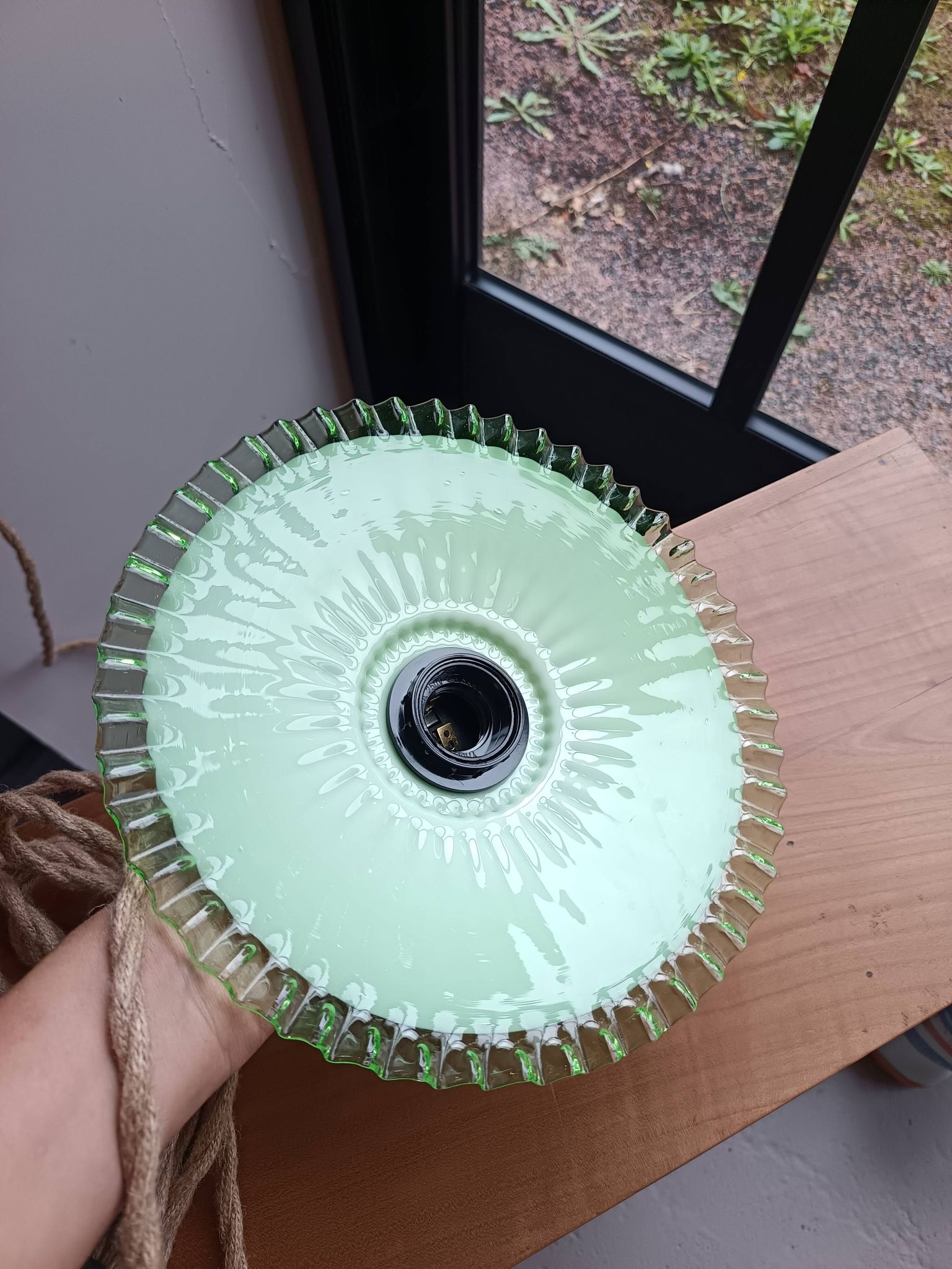 Portable lamp in pale green and white glass