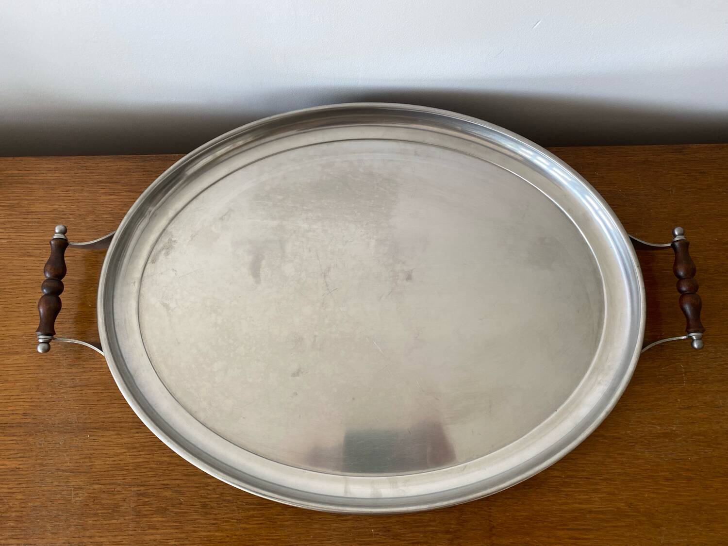 Old jean couzon serving tray stainless steel metal + vintage wooden handles #c
