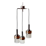 Triple vintage pendant light in molded glass, chrome metal and orange plastic - Space Age Design