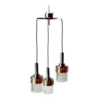 Triple vintage pendant light in molded glass, chrome metal and orange plastic - Space Age Design