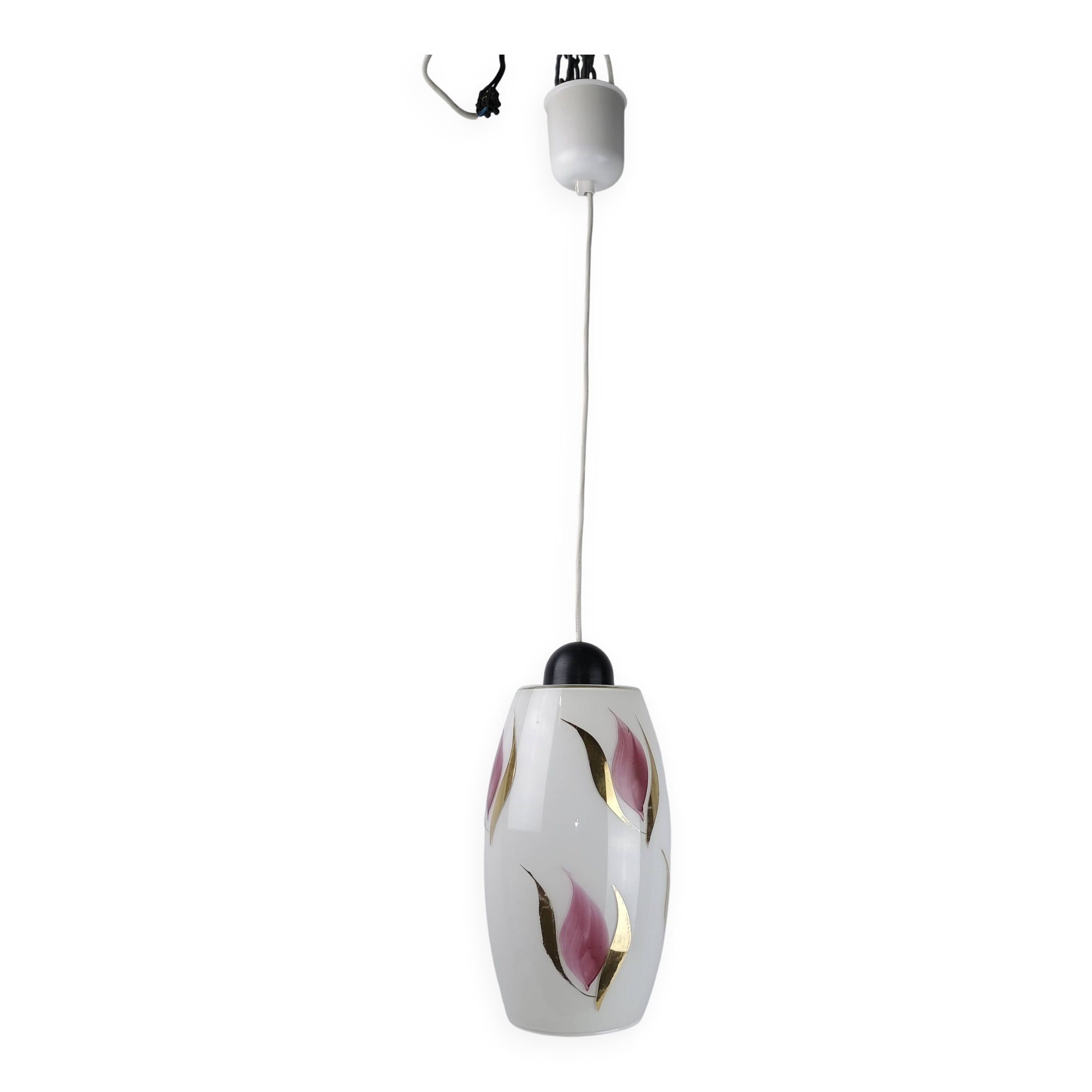 Vintage 1950s Pendant Light, Cream White Glass, Pink and Gold Flower Pattern, ARLUS
