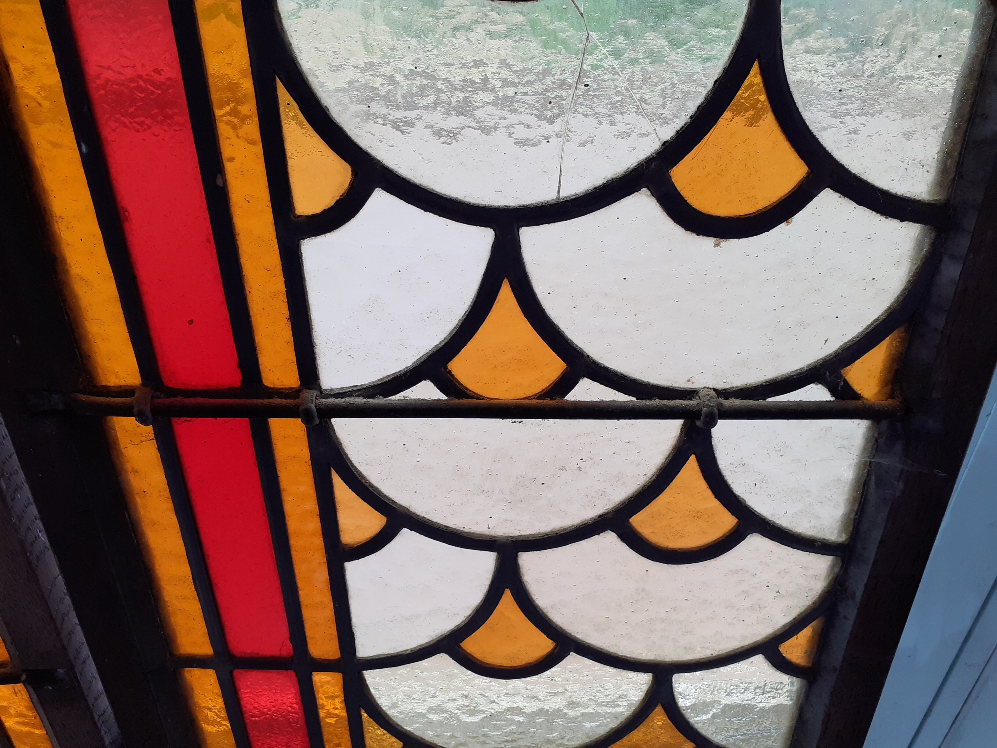 2 painted oak doors, stained glass interior