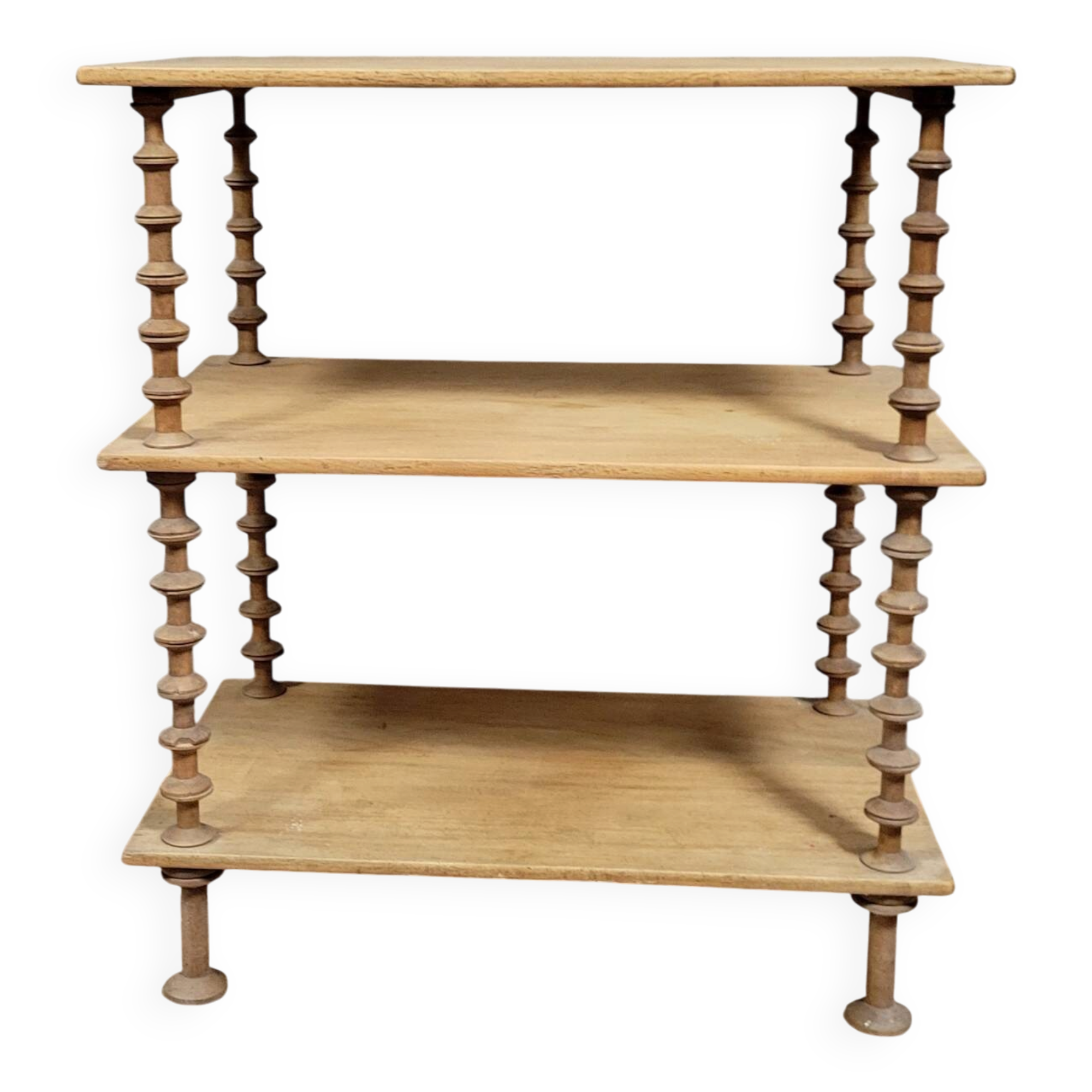 Natural wood display shelf with three tiers
