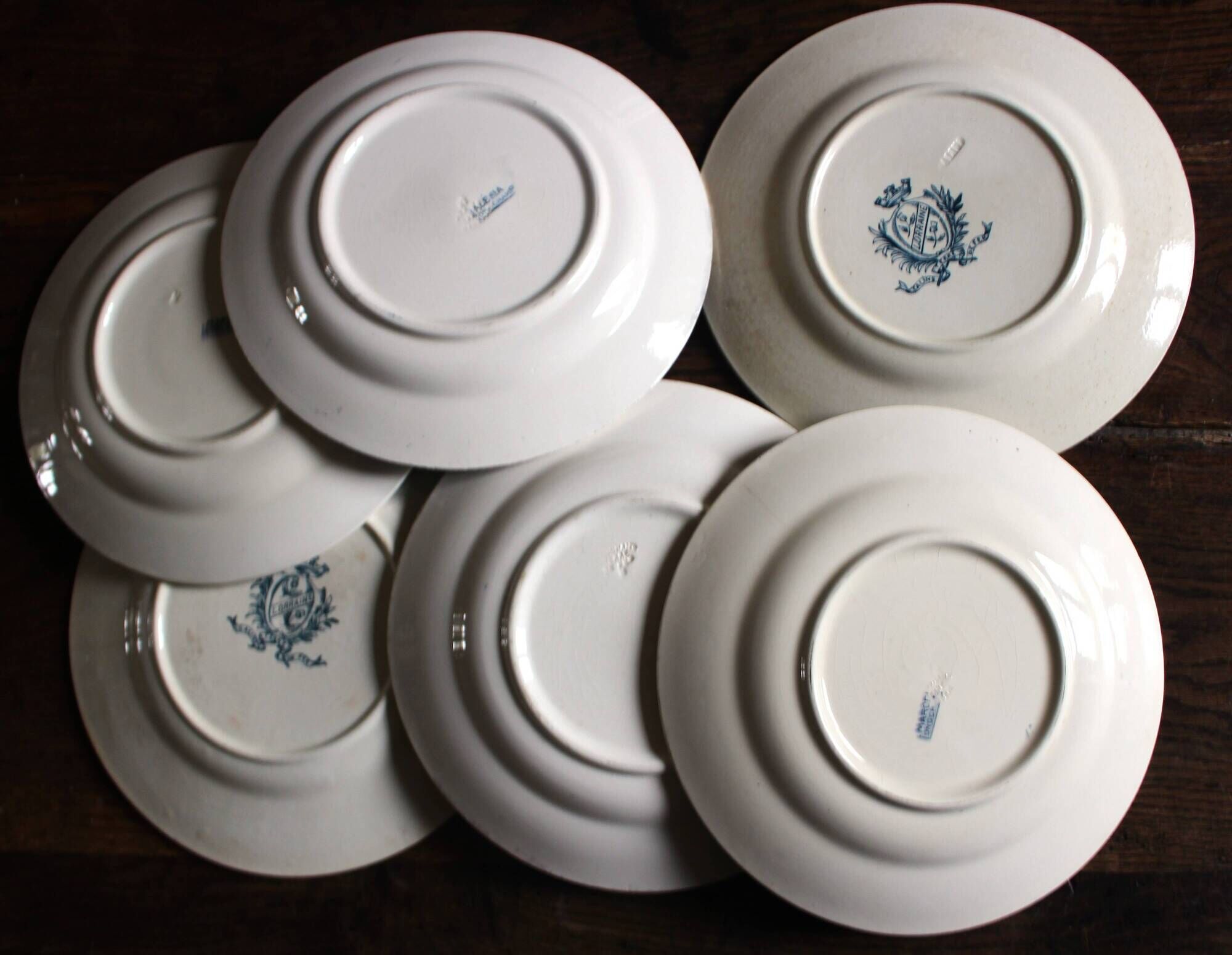 6 mismatched flat plates Terre de fer bleu Alésia Marcel Longchamp