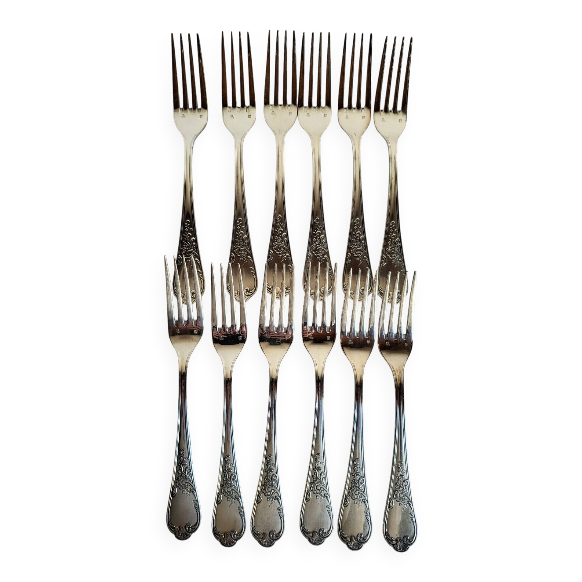 12 large silver-plated metal table forks by Guildart