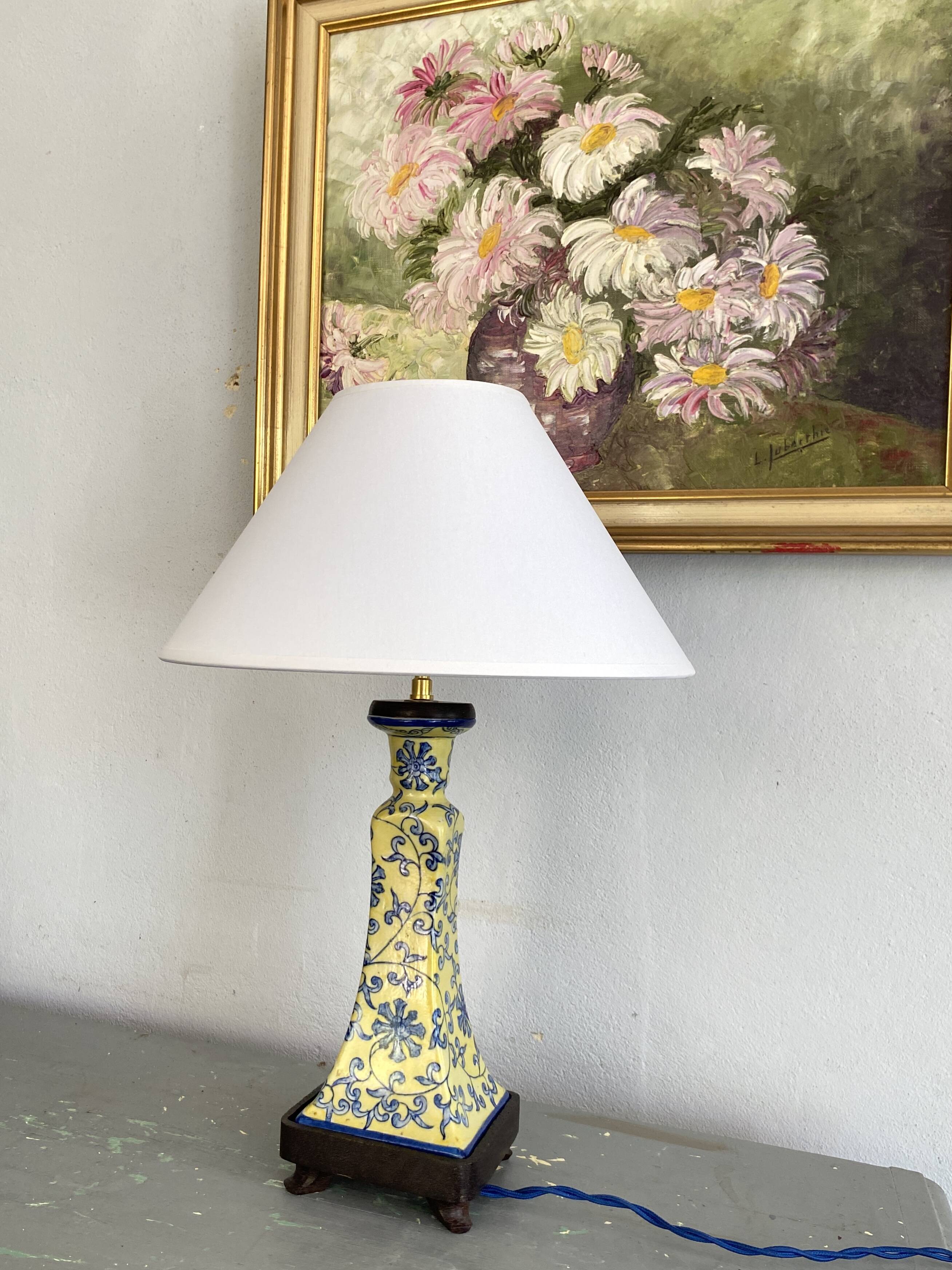Ceramic lamp, 2 m fabric cable, cotton shade