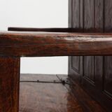 Rustic solid oak carved bench with storage compartment, France 19th century