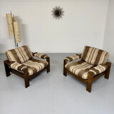 2 vintage 1970s wooden and fabric armchairs